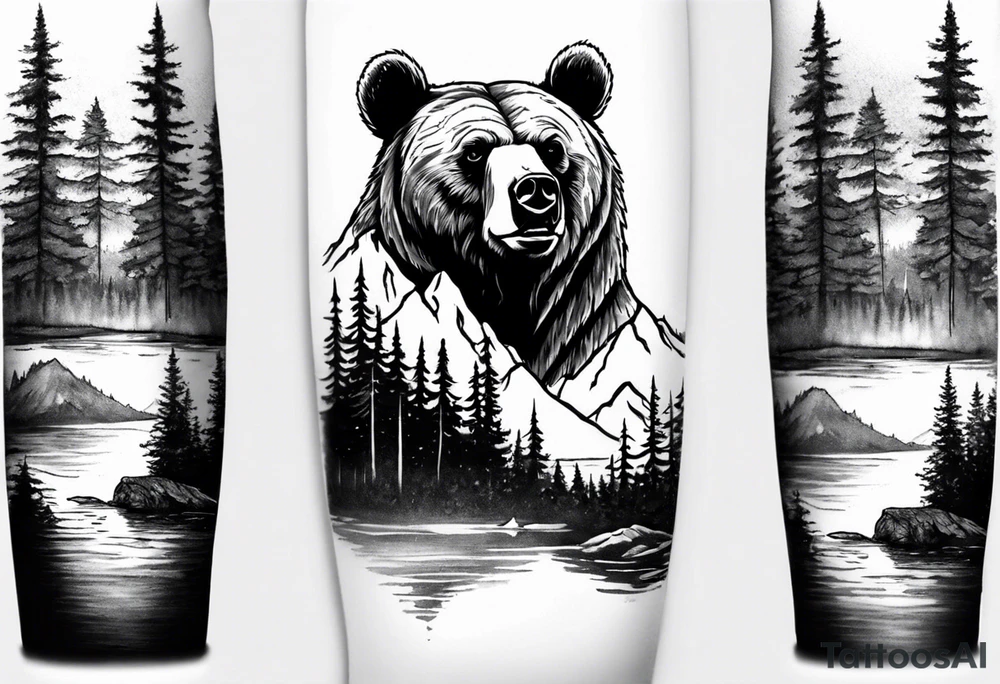 bear head right above the forest line with a lake below, full arm sleeve tattoo tattoo idea