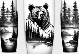 bear head right above the forest line with a lake below, full arm sleeve tattoo tattoo idea
