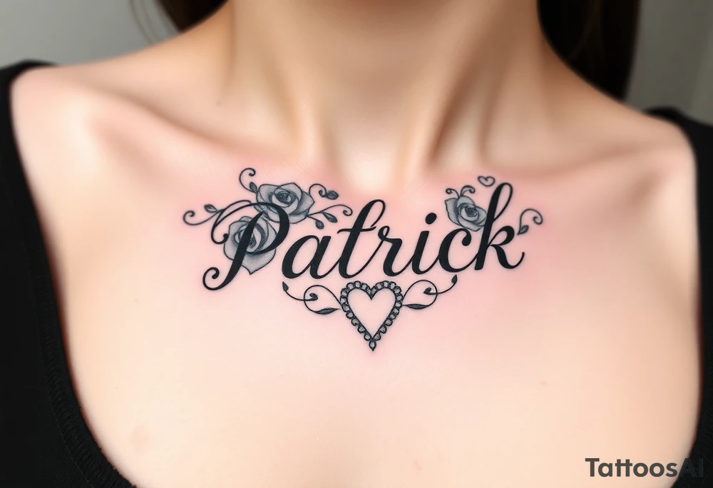 The name Patrick with roses and hearts tattoo idea