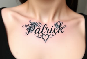 The name Patrick with roses and hearts tattoo idea