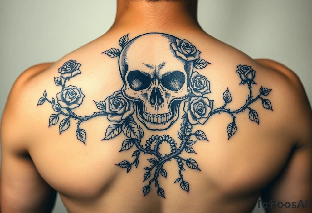 gothic skull intertwined with climbing roses and thorny vines tattoo idea