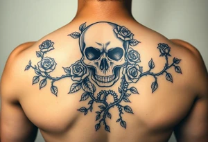 gothic skull intertwined with climbing roses and thorny vines tattoo idea