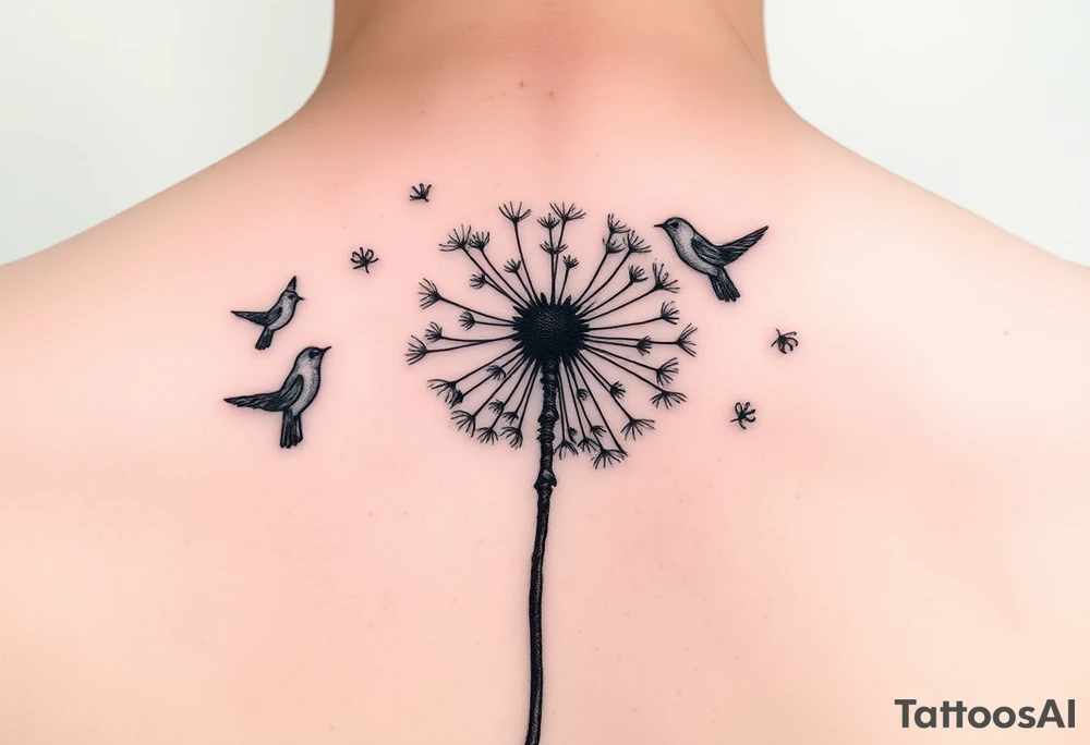Dandelion tattoo representing motherhood, blowing in the wind giving myself to the next generation. Five birds for my children and two white birds for the children I lost. Whimsical and fine line. More artistic and soft. Still not right. Try again tattoo idea