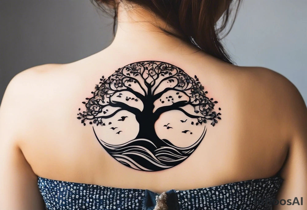an abstract Tree of Life tattoo. It should have roots growing out of the bottom. The roots slowly turn into water from the Great Wave by Hokusai. A golf flag should be placed discreetly growing out of the ground. 2 license plate tags should be hanging from the tree. Place a few music notes in the areas the leaves should be. The letters A U should be engraving into the tree trunk in a heart. Not inside a circle. The overall shape of the tattoo should be organic. Black and white only. tattoo idea