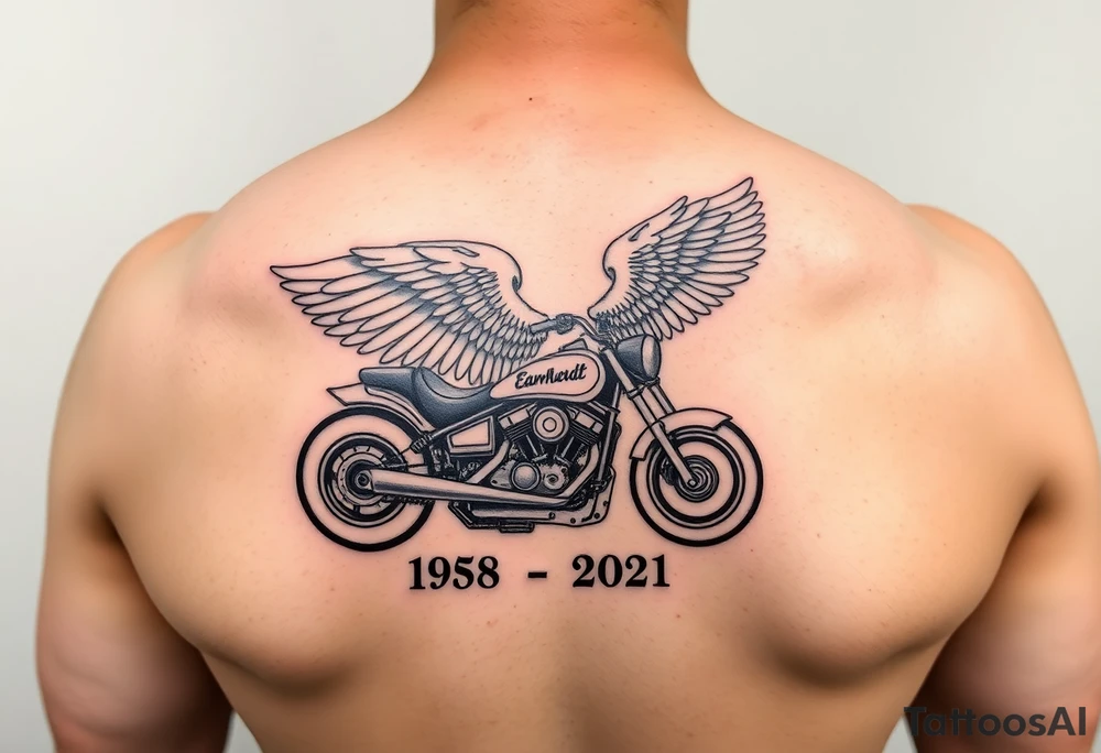 Dale Earnhardt car on it with the year 1958 - 2021 intertwined with a motorcycle on it with guardian angel wolves tattoo idea