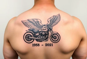 Dale Earnhardt car on it with the year 1958 - 2021 intertwined with a motorcycle on it with guardian angel wolves tattoo idea