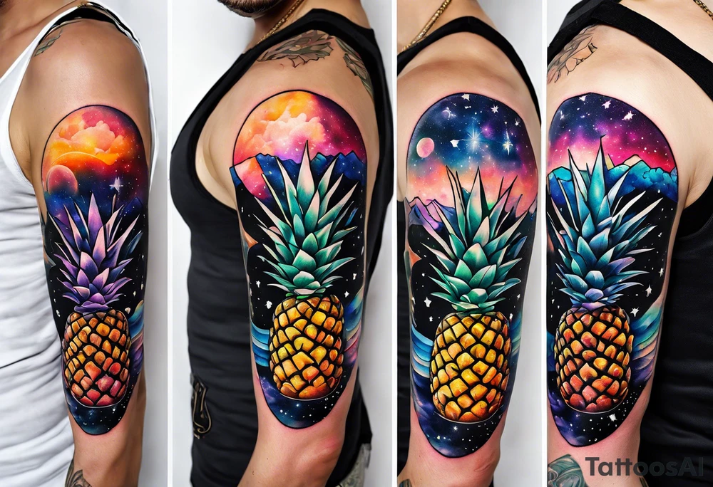 tattoo of glass animals in Amsterdam canal featuring colours of galaxies and the universe and pineapples tattoo idea