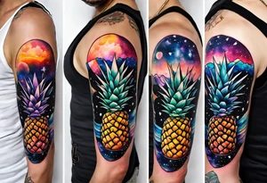 tattoo of glass animals in Amsterdam canal featuring colours of galaxies and the universe and pineapples tattoo idea