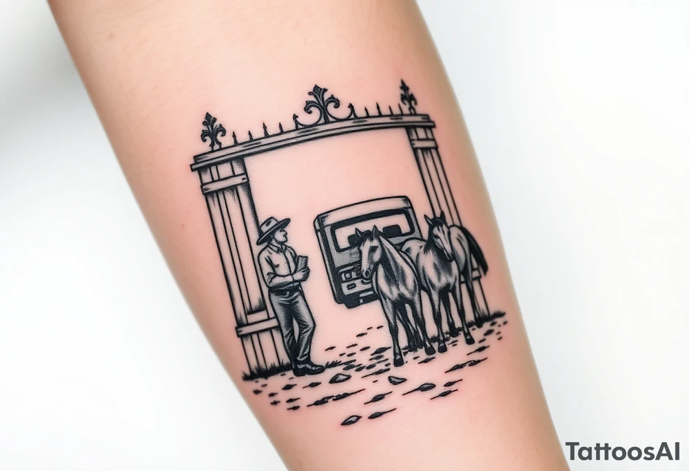 Gate with a man leaning on it feeding horses with a squatted truck in the back tattoo idea