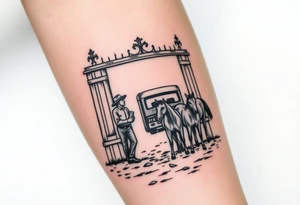 Gate with a man leaning on it feeding horses with a squatted truck in the back tattoo idea