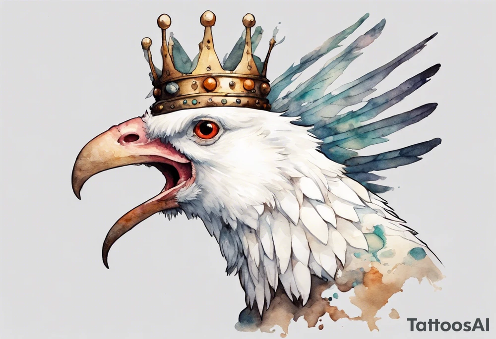 a white Cockatrice wearing a plain iron crown, perched on a stone tattoo idea