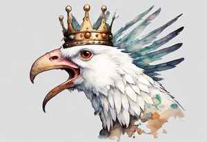 a white Cockatrice wearing a plain iron crown, perched on a stone tattoo idea