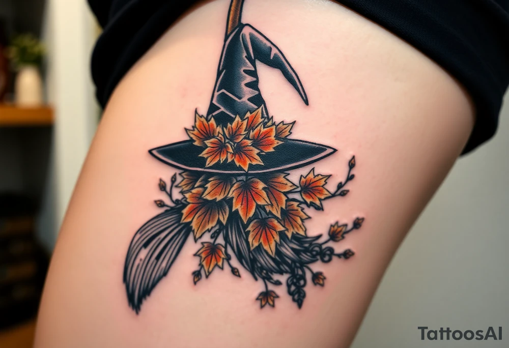 Which is broom with handle
 a witches hat with fall maple leaves, feathers and vines tattoo idea