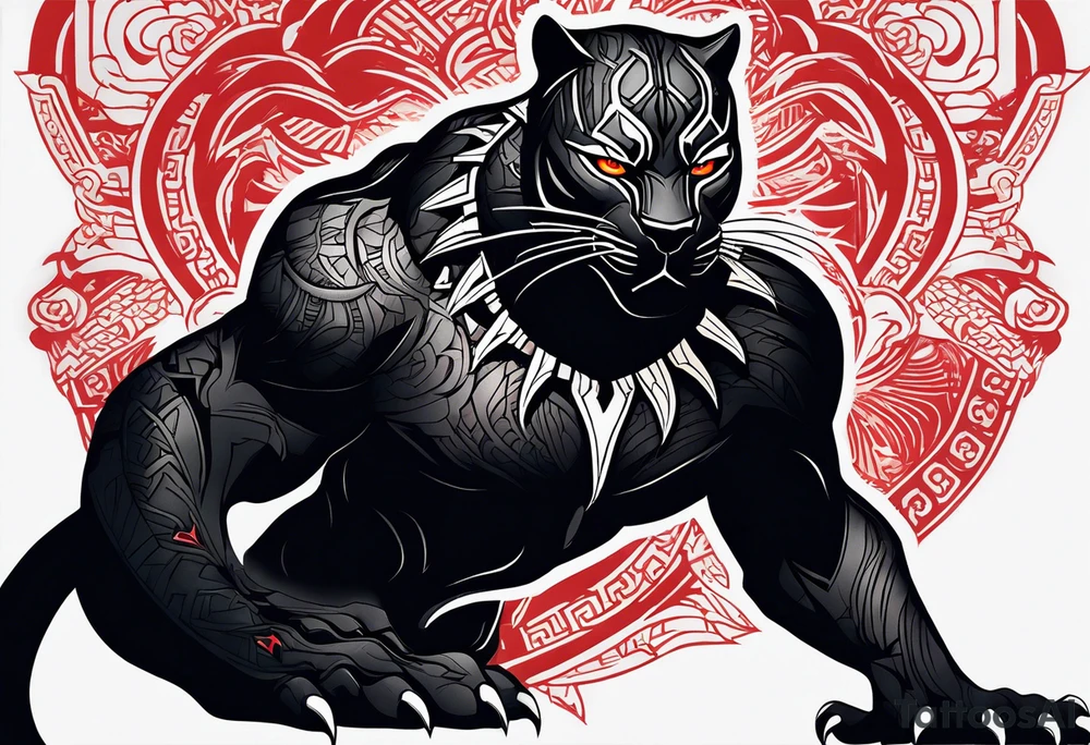 unique black panther tattoo, dynamic pose, showcasing its strength and grace, striking red eyes, intense and captivating elements, artistic flair, blending realism with abstract elements tattoo idea