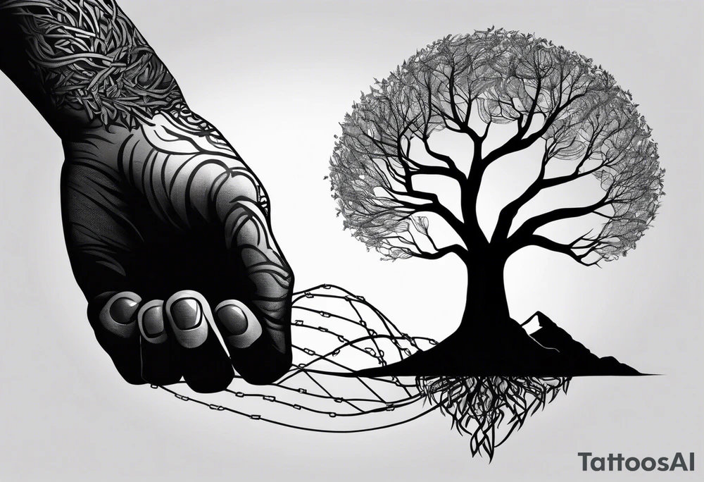 The roots of the tree break out of the chains at the bottom of the hand, turning into branches that reach towards the sky. In the background is a silhouette of mountains or the horizon, symbolizing hope tattoo idea