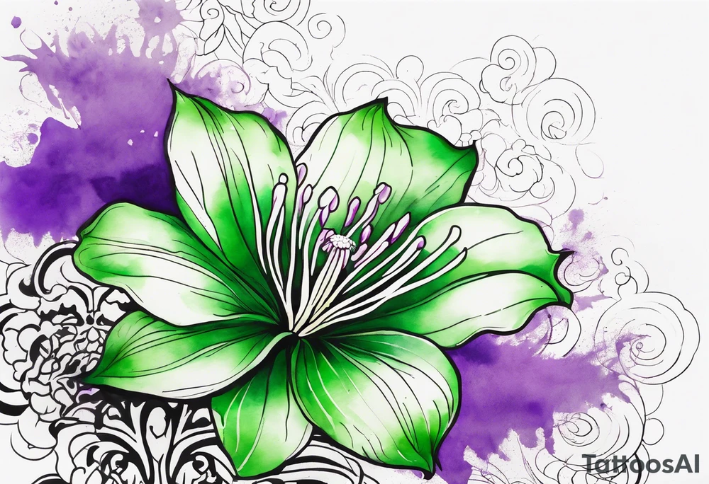 An outline of a green rio dipladenia flower and a green and purple watercolor splash in the background tattoo idea