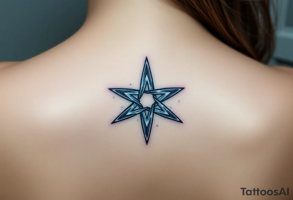 An icy pentagram - five pointed star with sharp crystal edges, surrounded by a cold mist and floating frost particles. tattoo idea