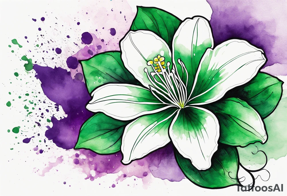 An outline of a green rio dipladenia flower and a green and purple watercolor splash in the background tattoo idea