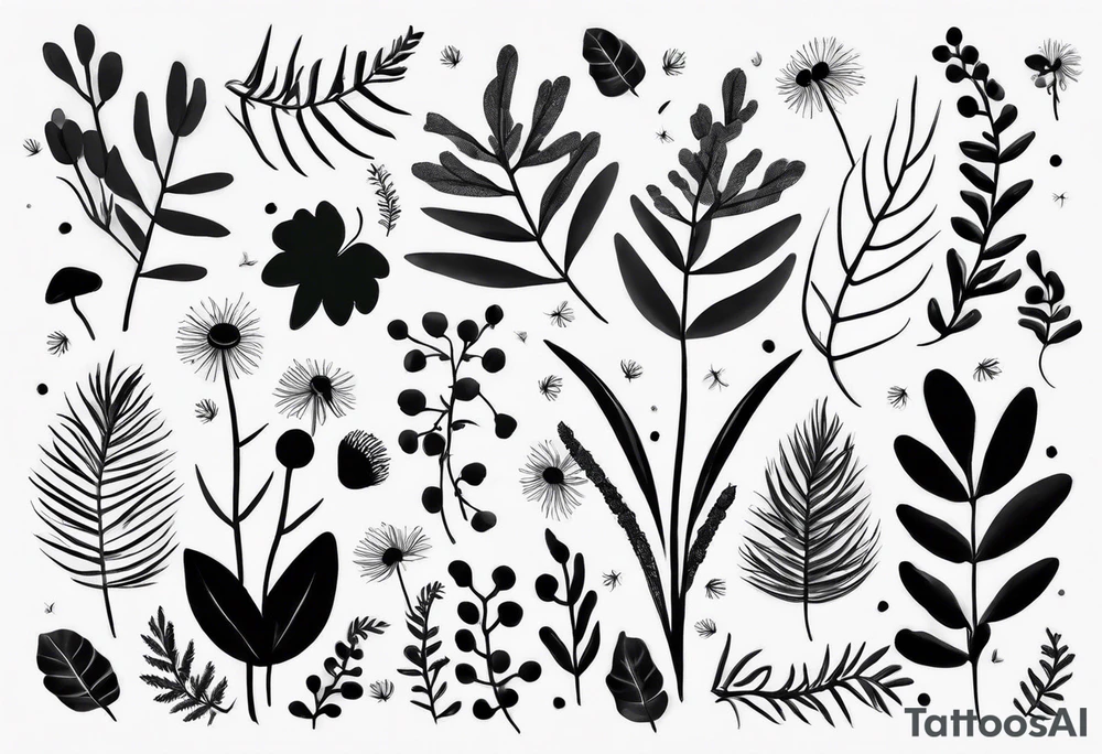 forest floor inspired minimalist tattoo, which includes grass, curly ferns, moss and dead leaves as the bulk of the tattoo. details to include: forest berries, a tiny bumblebee flying nearby, three small brown mushrooms
Generate a vertically long one tattoo idea