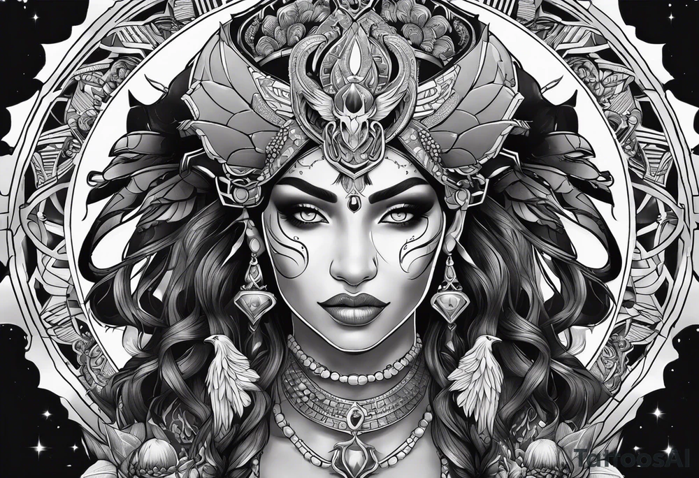 kali ma, alien goddess, valkrye, aries, pirate, divine feminine, zenza resonance, pachamama, lotus azul, blank panther, eagle, skull, 5D, nueva gaya, dna 12 tattoo idea