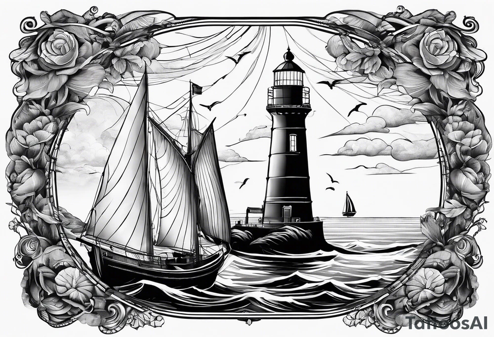 phare maritime dans un bateau a voiles vu du devant. tattoo idea