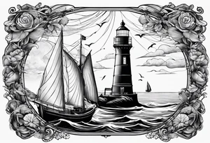 phare maritime dans un bateau a voiles vu du devant. tattoo idea