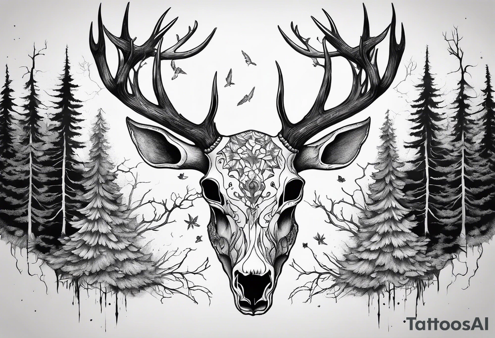 A side profile of decayed deer skull surrounded by trees and fire tattoo idea