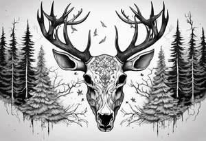 A side profile of decayed deer skull surrounded by trees and fire tattoo idea