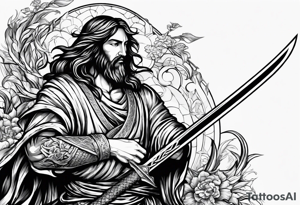 Almighty Jesus used his sword cutting off the serpent head off tattoo idea