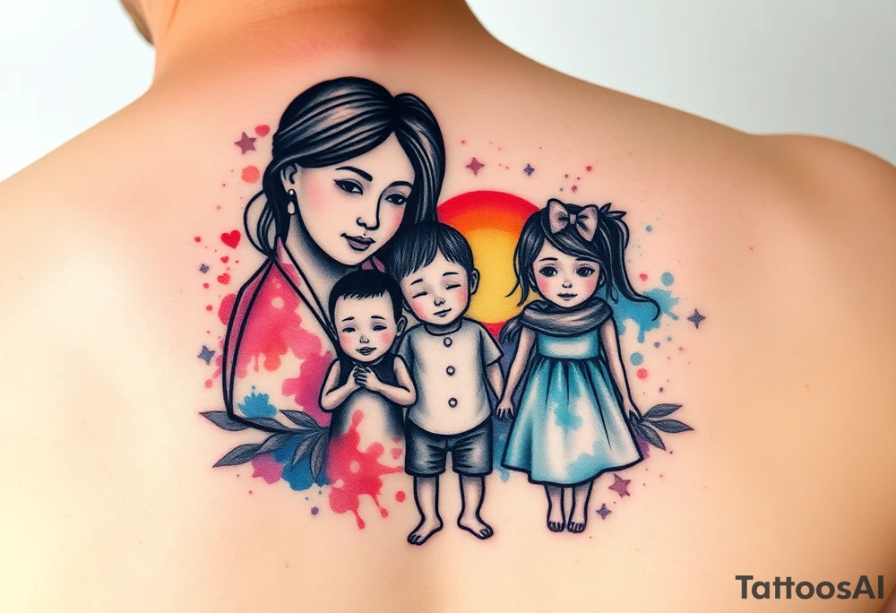 Family 2 parents, 1 baby boy, one young girls with colour around the caracters and empty caracters and sunrise tattoo idea