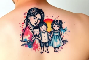 Family 2 parents, 1 baby boy, one young girls with colour around the caracters and empty caracters and sunrise tattoo idea