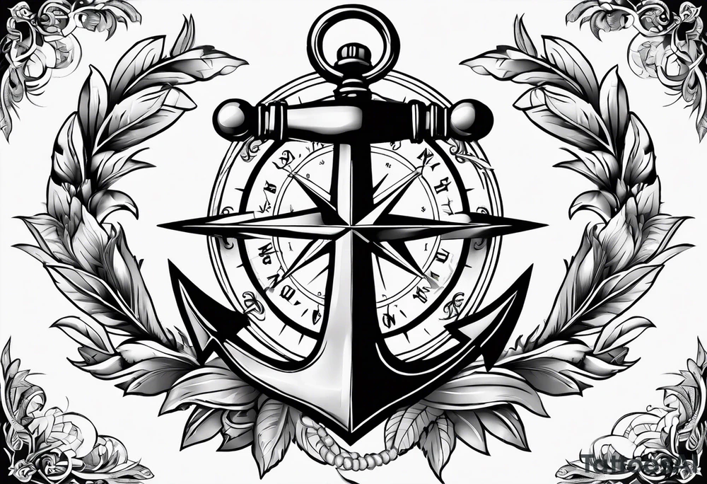 A selucid style anchor in front of a compass with north south east west marked on it and a narrow laurel wreathe wrapped around the compass tattoo idea