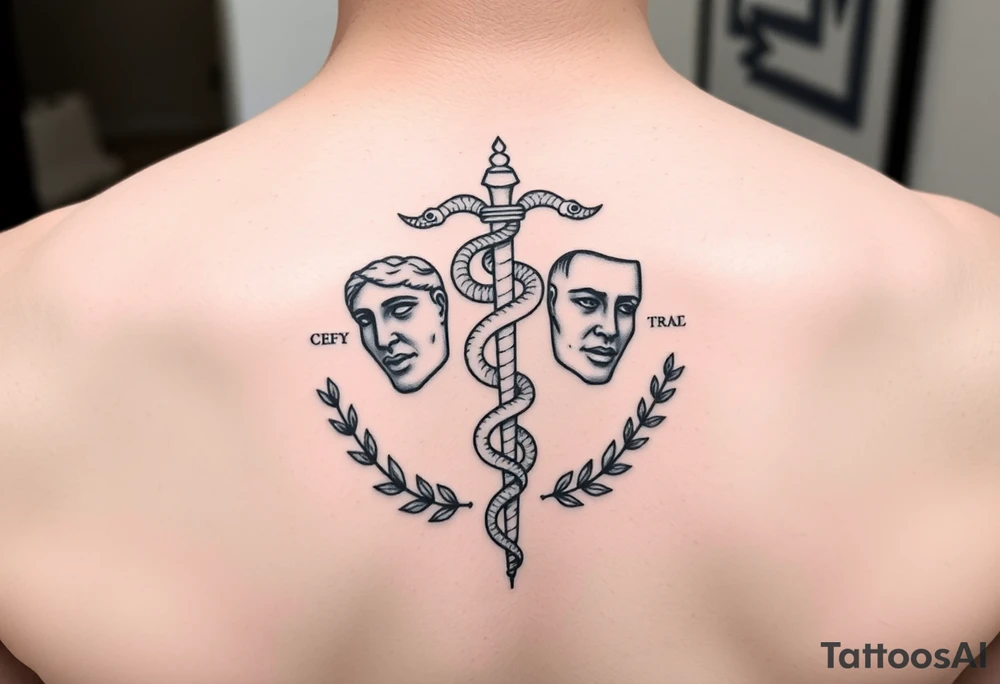 “Minimalist line art tattoo. Hermes caduceus with two snakes, mouths open. Ancient Greek theatre masks of comedy and tragedy beside it. Surround with subtle Greek symbols – olive branches, geometric meander lines, or Ionic column fragments. All elements connected by clean flowing lines into one compact, balanced composition.”


--- tattoo idea