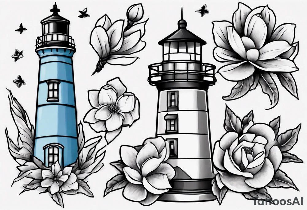 American traditional tattoo of a light house bordered by magnolia flowers and rope. Behind the light house is a periwinkle blue cancer ribbon tattoo idea