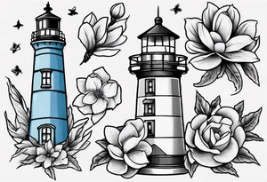 American traditional tattoo of a light house bordered by magnolia flowers and rope. Behind the light house is a periwinkle blue cancer ribbon tattoo idea