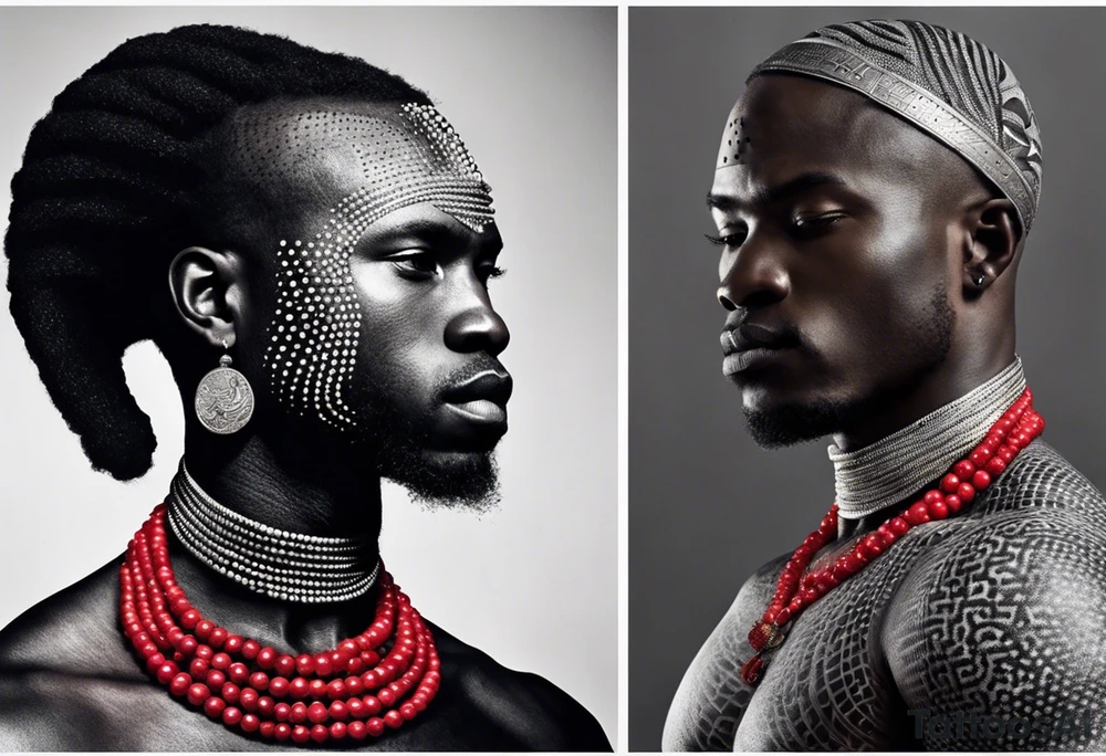 Black-skinned bald african warrior. He is a god of the war. Wears a simple red necklace and a silver crown tattoo idea