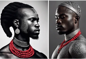 Black-skinned bald african warrior. He is a god of the war. Wears a simple red necklace and a silver crown tattoo idea