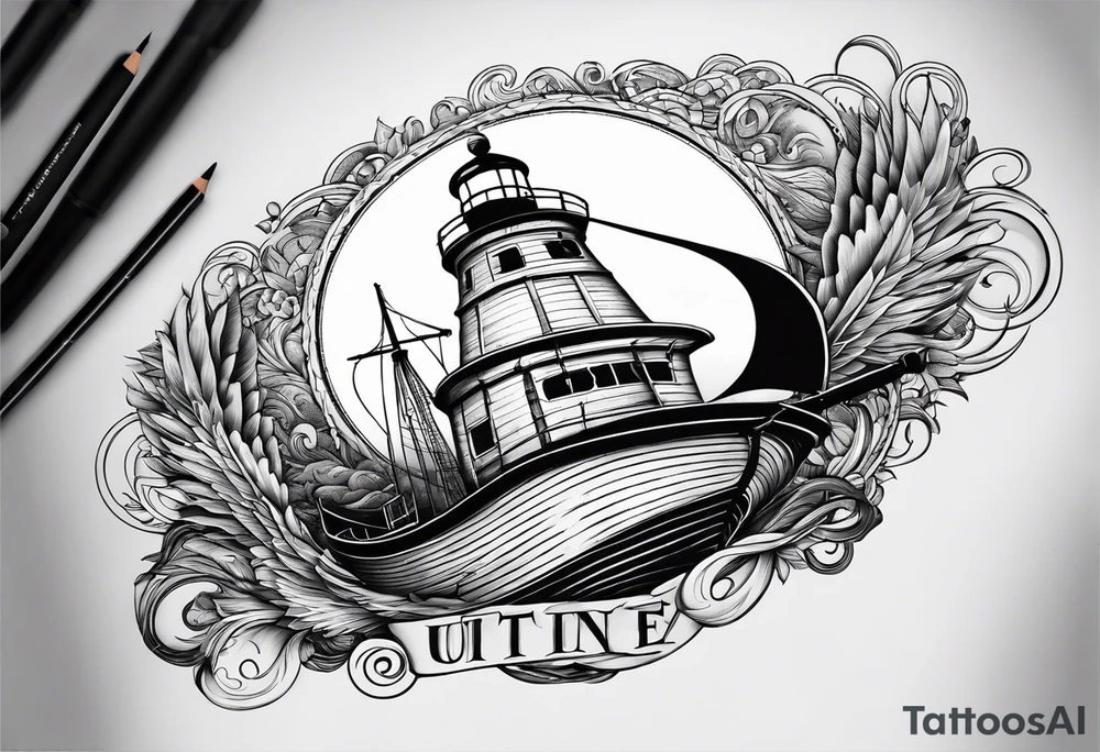 bateau, phare maritime, phoenix et lune bleu. tattoo idea