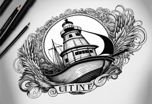 bateau, phare maritime, phoenix et lune bleu. tattoo idea