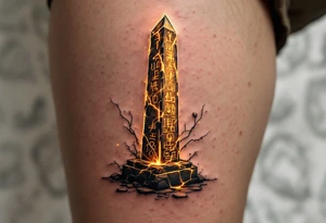 A cracked stone obelisk etched with golden hieroglyphs glowing faintly. tattoo idea