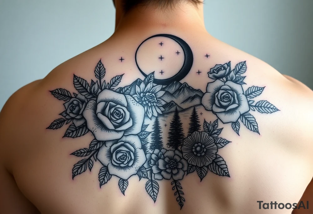 Unique artistic tattoo, with roses and wild flowers 
Crescent moon and stars mountains forests
Feminine tattoo idea