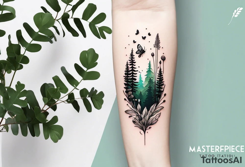 forest floor inspired minimalist tattoo, which includes grass, curly ferns, moss and dead leaves as the bulk of the tattoo. details to include: forest berries, a tiny bumblebee flying nearby, three small brown mushrooms
Generate a vertically long one tattoo idea