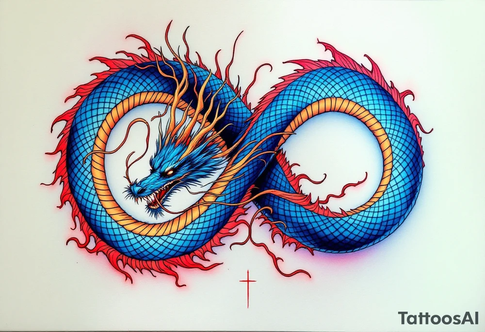 The design features a dragon coiled into the shape of the infinity symbol (sideways number "8"). The dragon is depicted eating its own tail, symbolizing eternity and continuity (Ouroboros-inspired).

Details:

The dragon's body should be slightly thicker for a more powerful and robust look.
Its vibrant blue scales should include subtle patterns in red and yellow, creating a striking contrast while maintaining elegance.
Style:

The dragon’s texture should remain smooth and glossy, emphasizing its detailed scales and flowing form.
The focus is entirely on the dragon, keeping the background minimalistic for a clean, modern aesthetic. tattoo idea