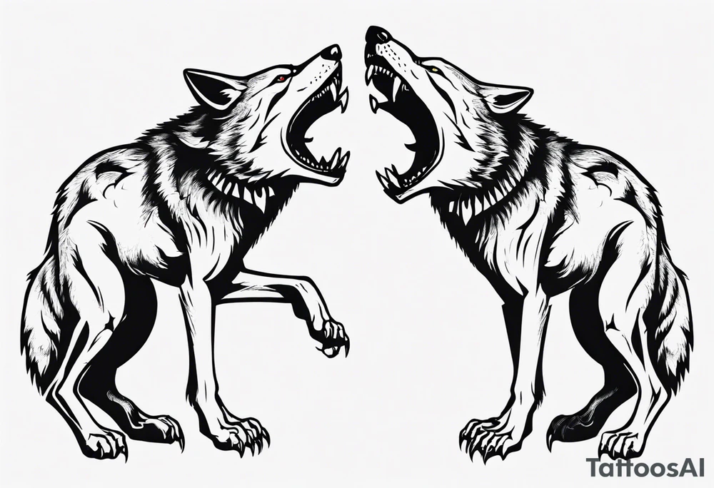 two wolves with their jaws closed and dancing on their hind legs. they should be visibly dancing and facing one another. They should have their jaws closed tattoo idea
