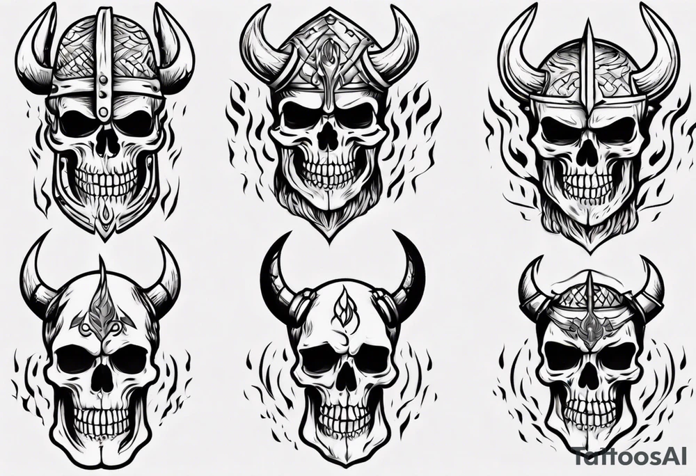 Skeleton Viking head flames tattoo idea