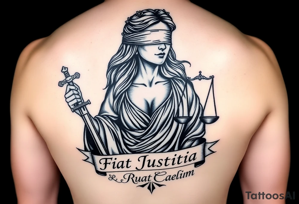 A striking black and grey tattoo design of a regal, blindfolded woman, symbolizing justice. She has an air of strength and wisdom, with flowing hair and a serene yet powerful expression. One breast must be exposed, representing vulnerability and truth. She holds a sword in one hand, symbolizing enforcement of justice, and a set of scales in the other, signifying balance. The Latin phrase ‘Fiat Justitia Ruat Caelum’ is elegantly inscribed in a classical, Roman-inspired font, either flowing beneath her or wrapping around the design. The overall style is a fusion of realism and fine-line tattoo artistry, with intricate shading and dramatic contrasts to give depth and texture tattoo idea