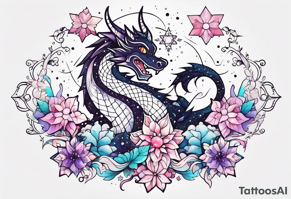 Constellation, kawaii dragon, snowflake tattoo idea