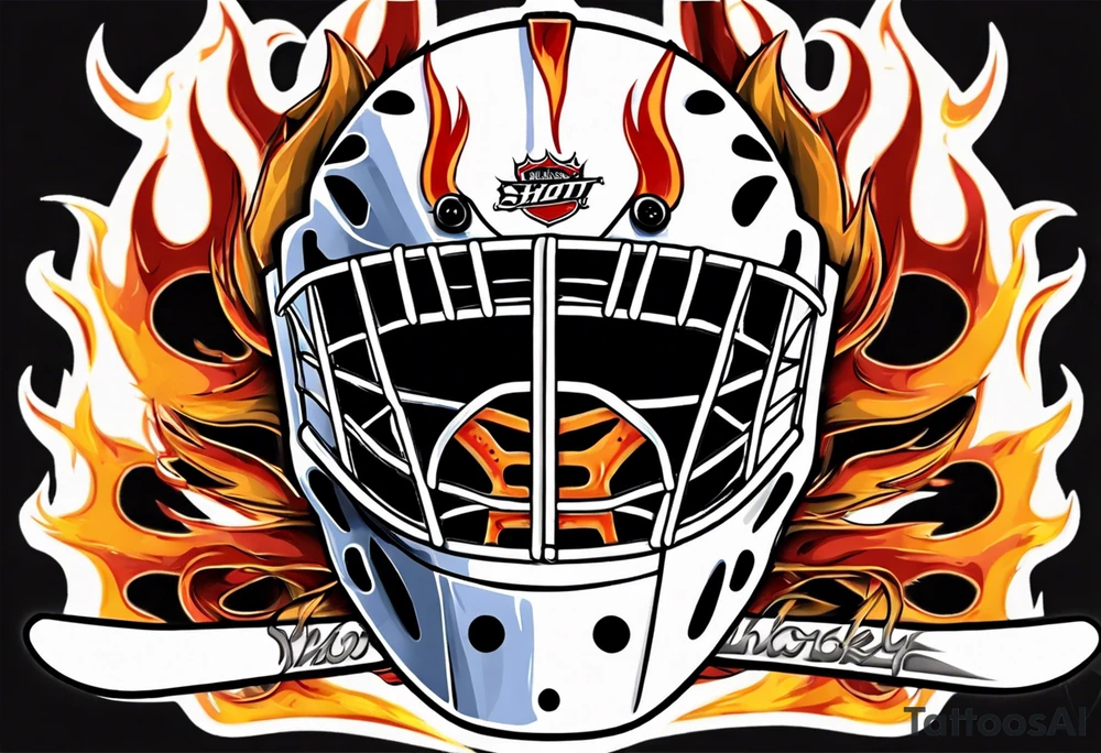 a goalie mask with crossed hockey sticks and flames that says "SHOT HOCKEY" tattoo idea