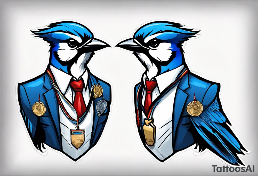 bluejay in a suit with a medal on around neck tattoo idea