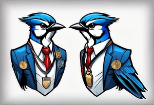 bluejay in a suit with a medal on around neck tattoo idea